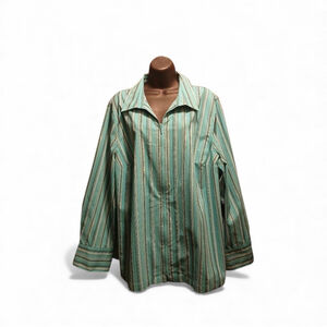 Liz & Me Women's Plus Size Zip Front Shirt Teal Stripe Metallic 3X (JC265)